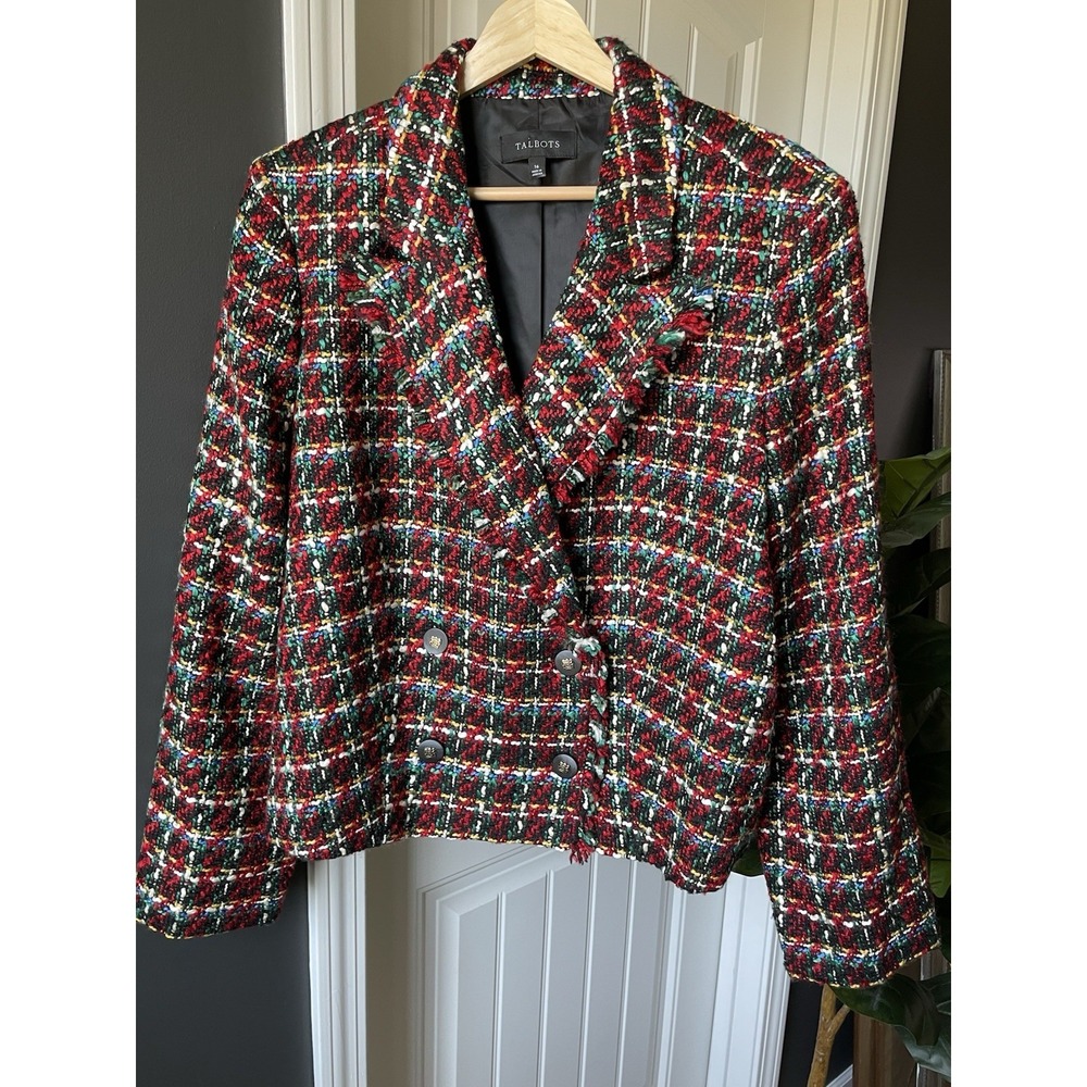 Talbots Tweed Fringe Jacket/Blazer Multicolor Plaid Lined Button Front Womens 16